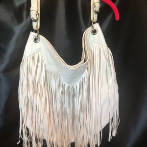 White fringe shoulder Carlos Santana bag